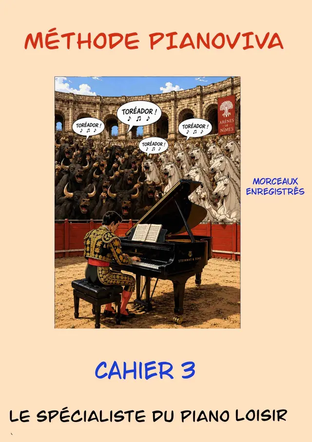Couverture du cahier 3 de la méthode Pianoviva, illustrée par un pianiste dans les arènes de Nîmes